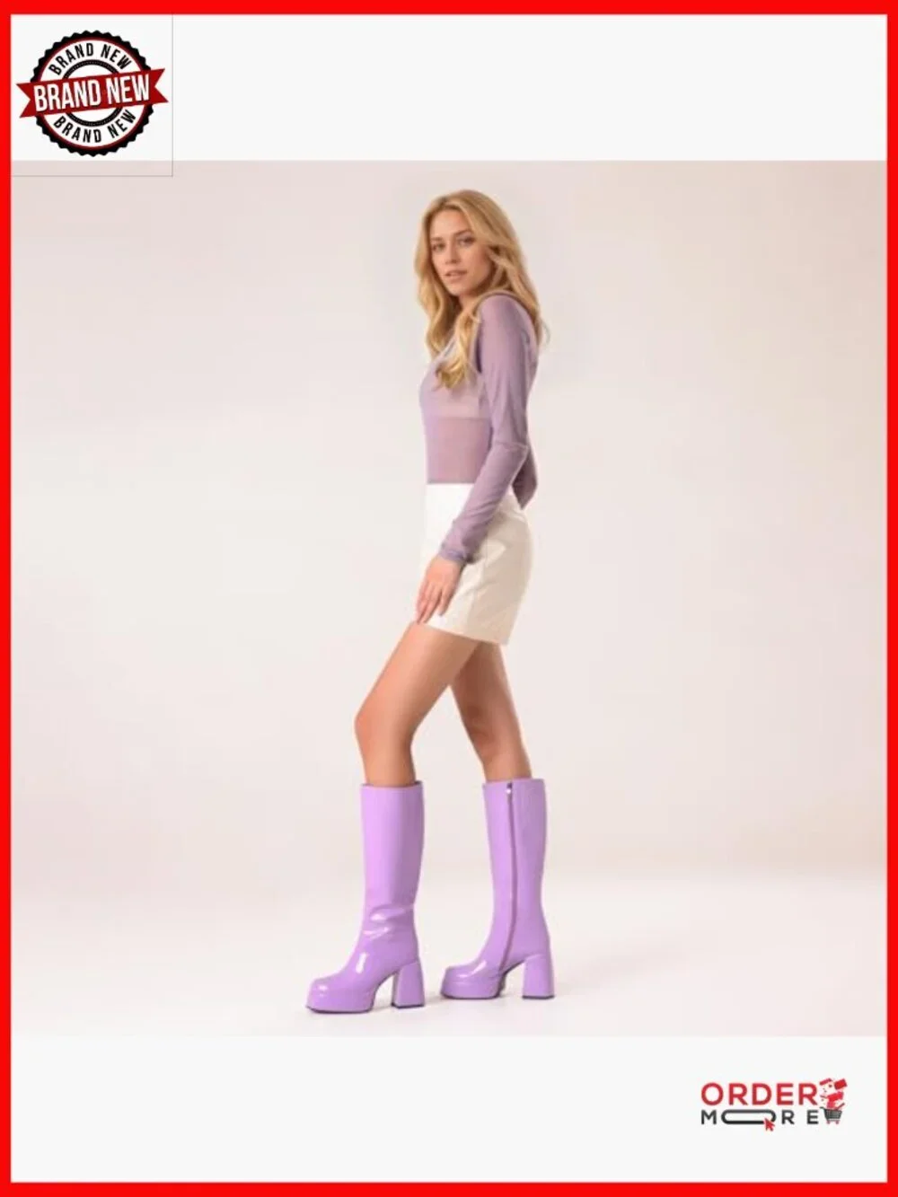 Knee High Platform Boots Chunky Heel Square Toe Patent Leather Disco
